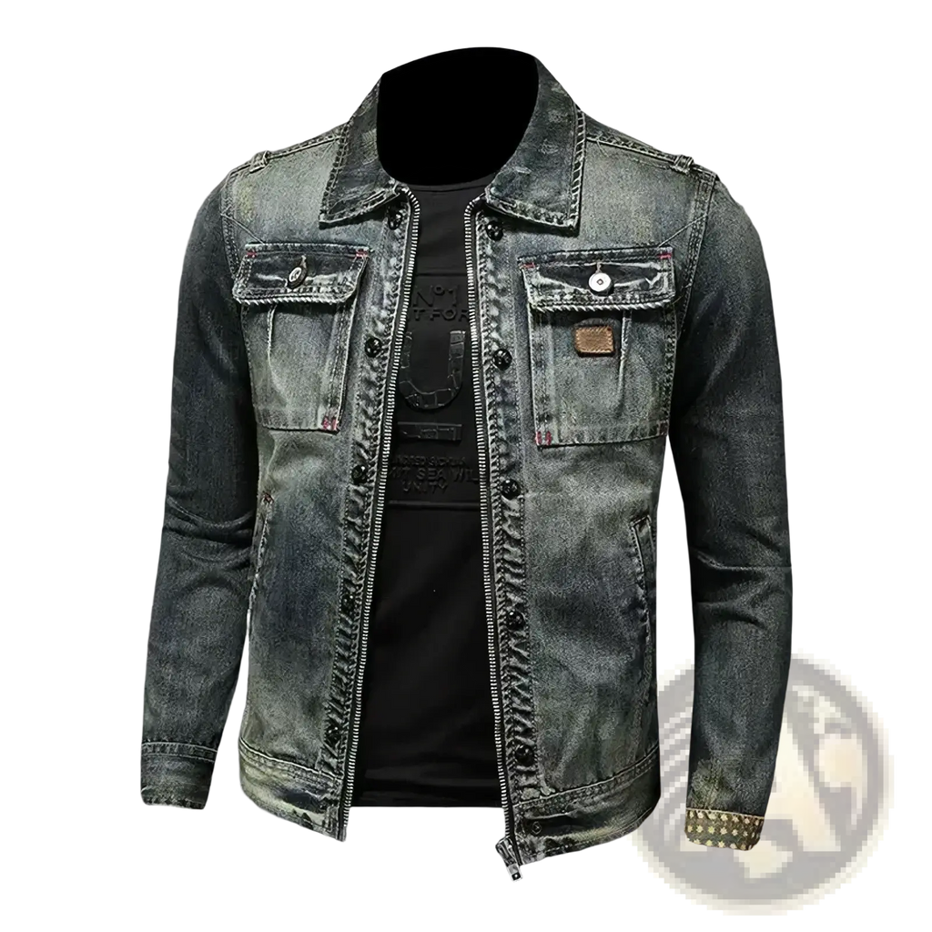 Men dark wash denim trucker jacket in distressed dark blue with zipper front buttoned chest pockets and studded cuffs