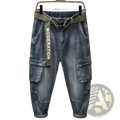 Men denim cargo jeans casual loose pants in blue with olive green belt featuring moderation text detail