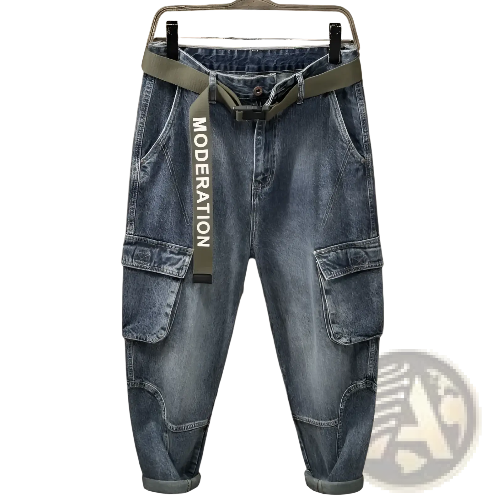 Men denim cargo jeans casual loose pants in blue with olive green belt featuring moderation text detail