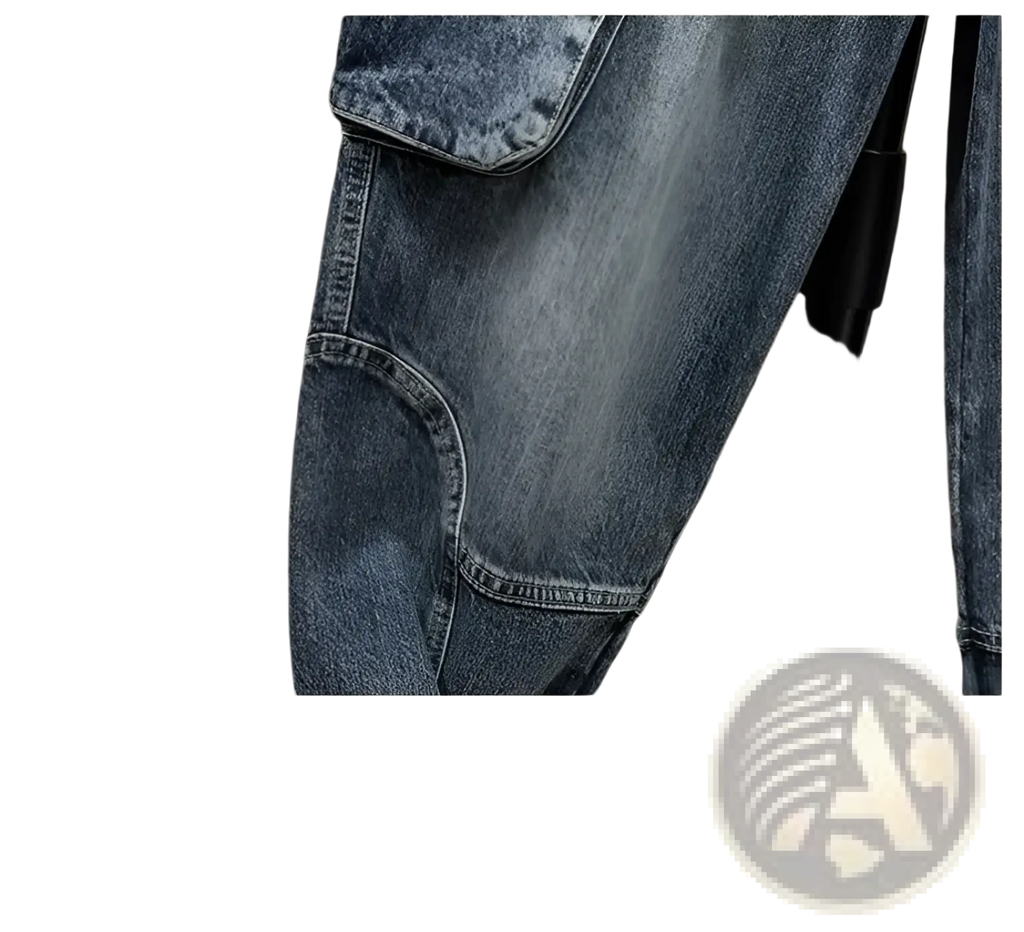 Men denim cargo jeans in blue denim with multiple pockets and a rugged worn-in texture for casual loose wear