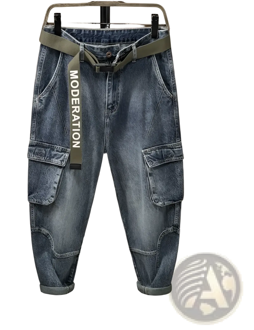 Men denim cargo jeans casual loose pants in blue denim with olive green belt featuring moderation text