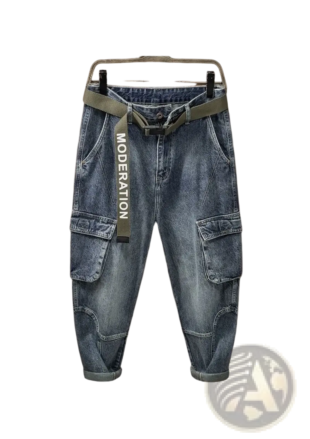 Men denim cargo jeans casual loose blue denim pants with olive green belt featuring moderation text