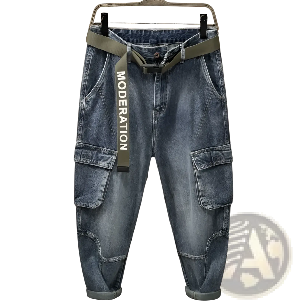 Men denim cargo jeans casual loose blue denim pants with olive green belt featuring moderation text