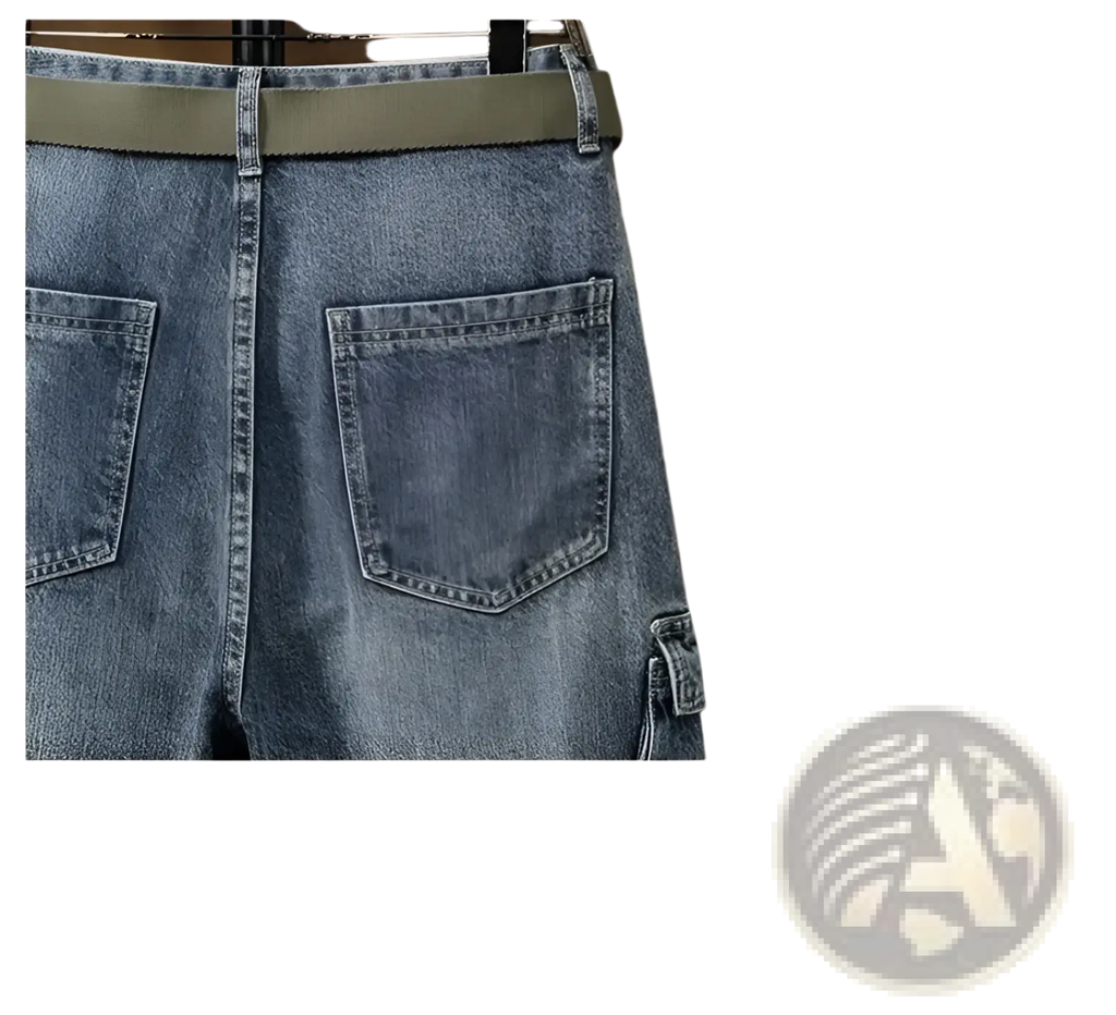 Men denim cargo jeans in blue with olive green belt and cargo pockets for casual loose fit pants