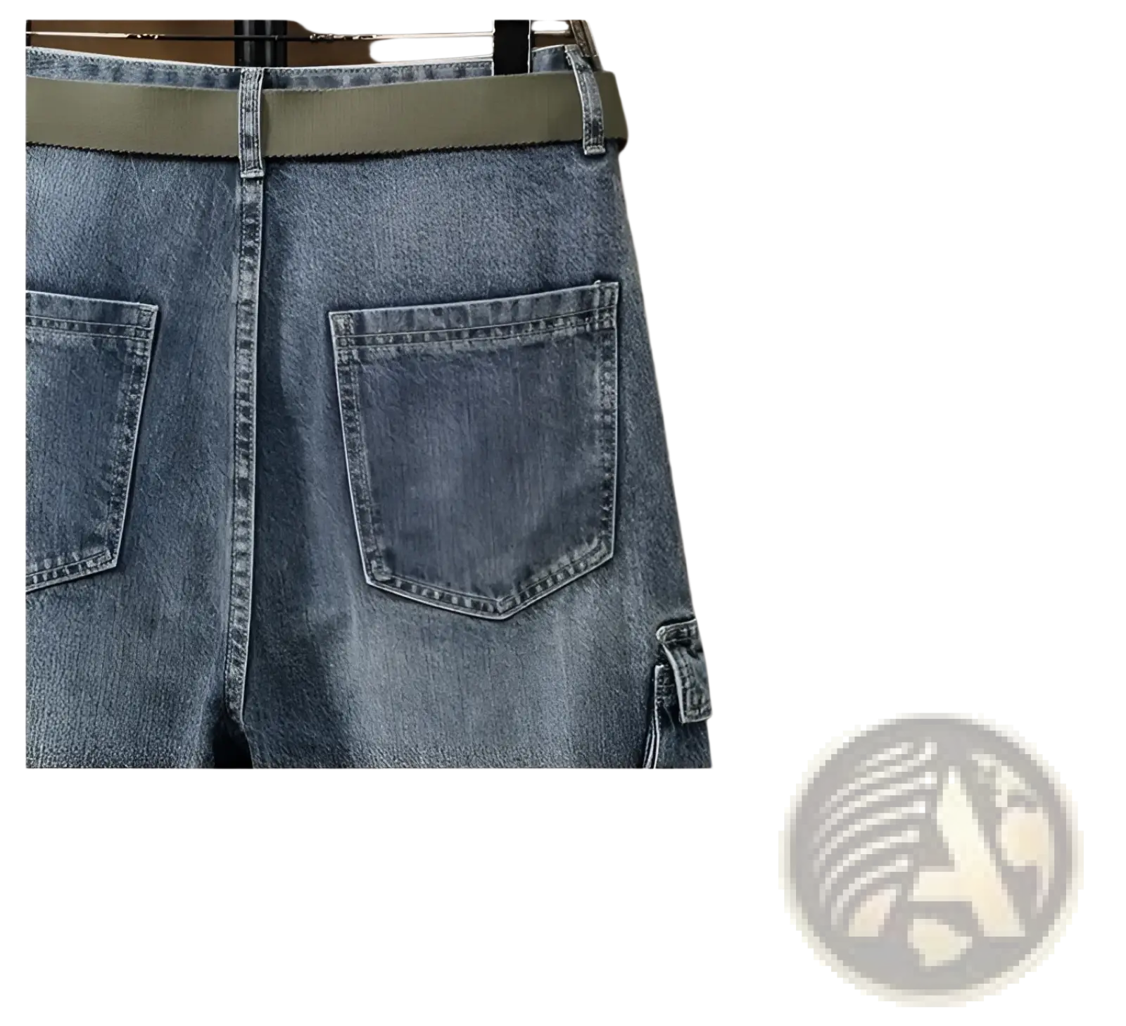 Men denim cargo jeans in blue with olive green belt and cargo pockets for casual loose fit pants