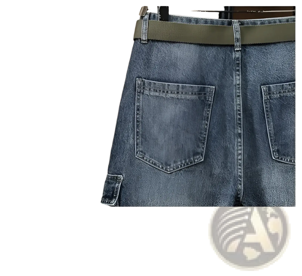 Men denim cargo jeans casual loose pants in blue denim with an olive green belt shown from the front side