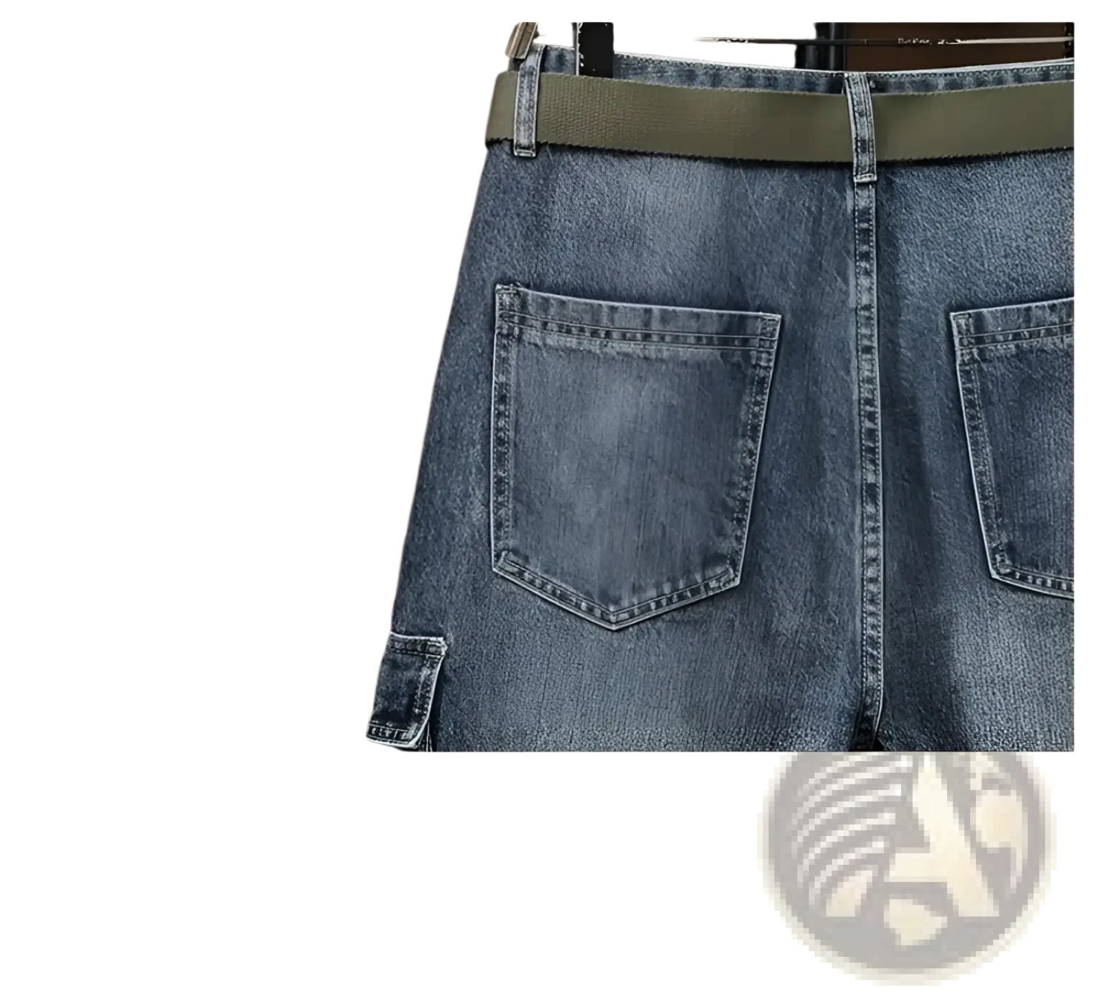 Men denim cargo jeans casual loose pants in blue denim with an olive green belt shown from the front side