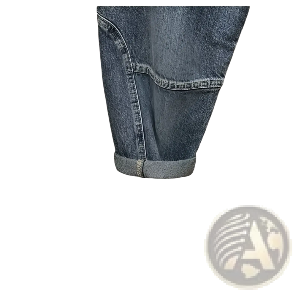 Men denim cargo jeans casual loose pants in blue denim with rolled-up cuff and visible stitching details