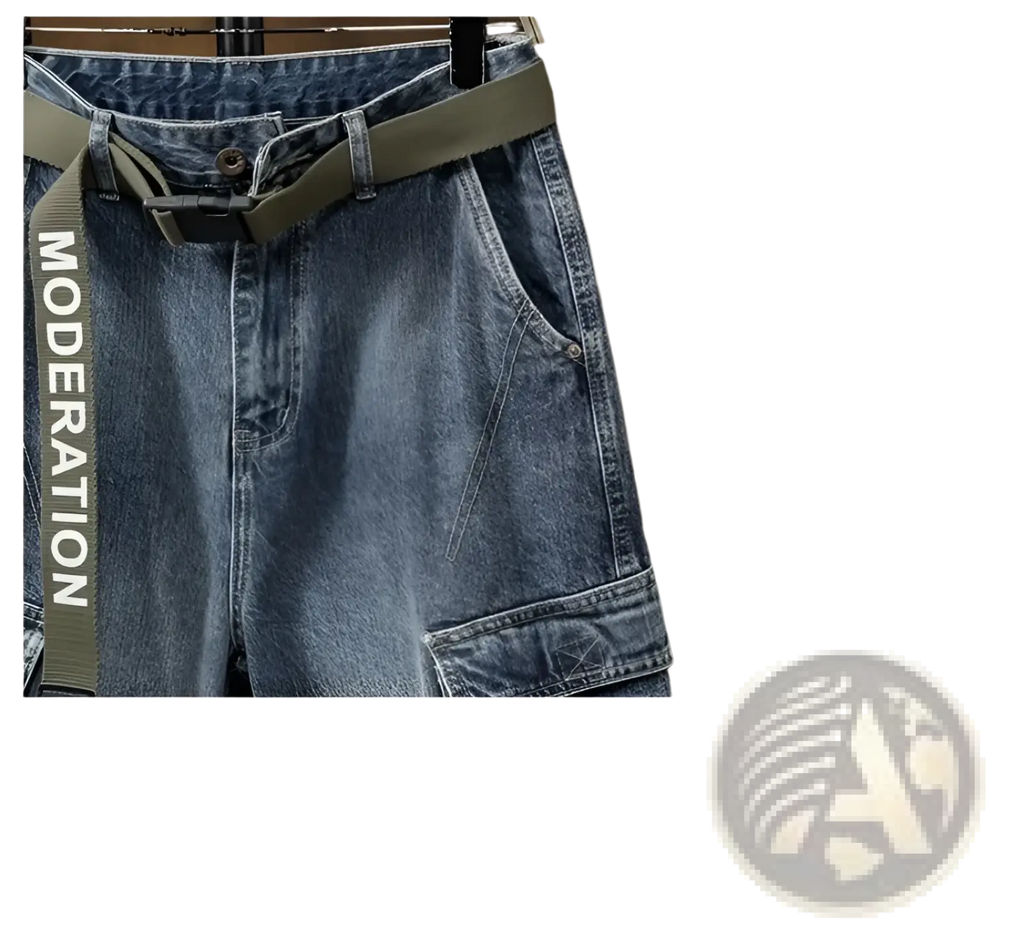Men denim cargo jeans casual loose pants in blue denim with olive green belt and moderation print on the side