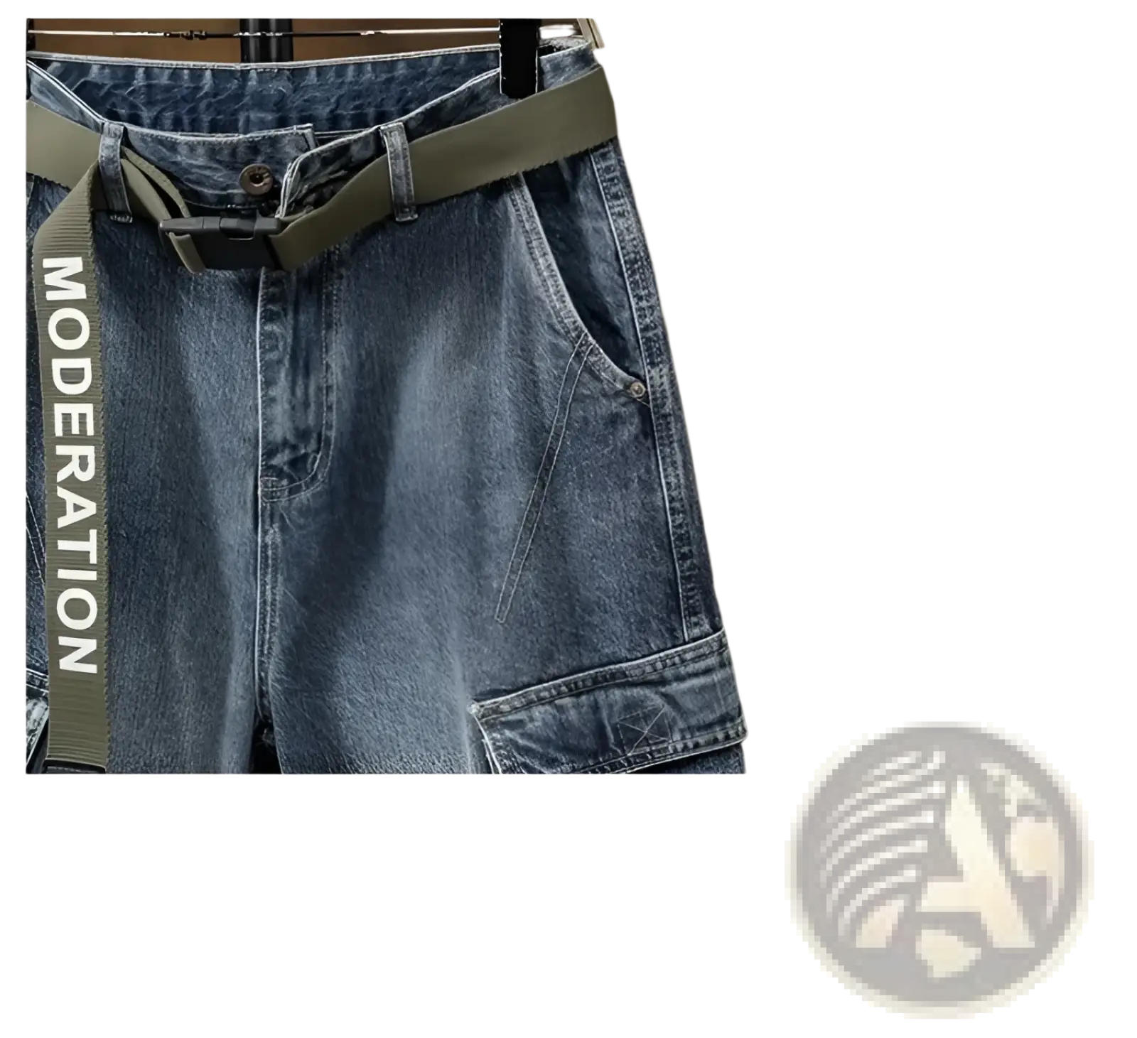 Men denim cargo jeans casual loose pants in blue denim with olive green belt and moderation print on the side