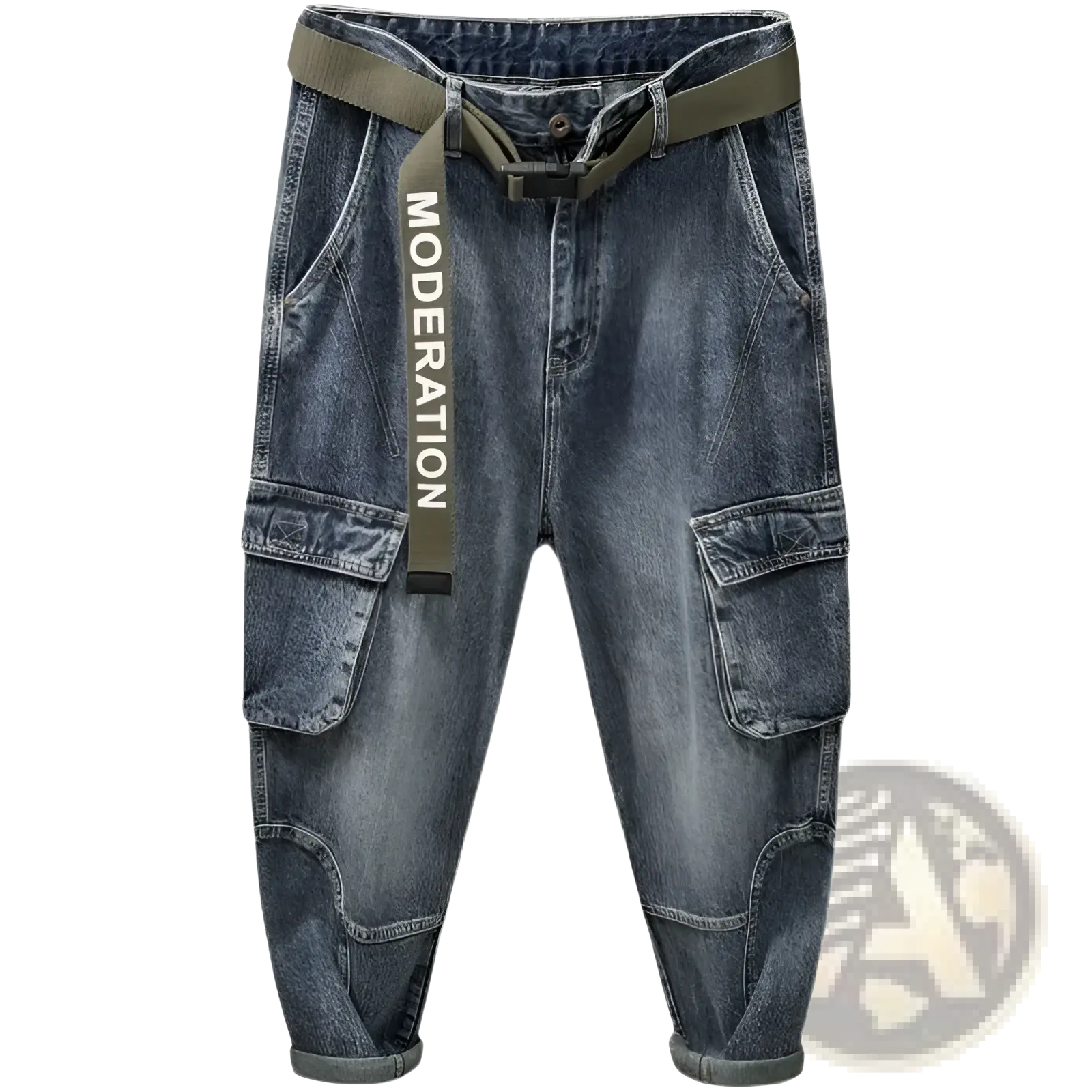Men dark-wash denim cargo jeans with olive green belt featuring moderation text casual loose pants front view