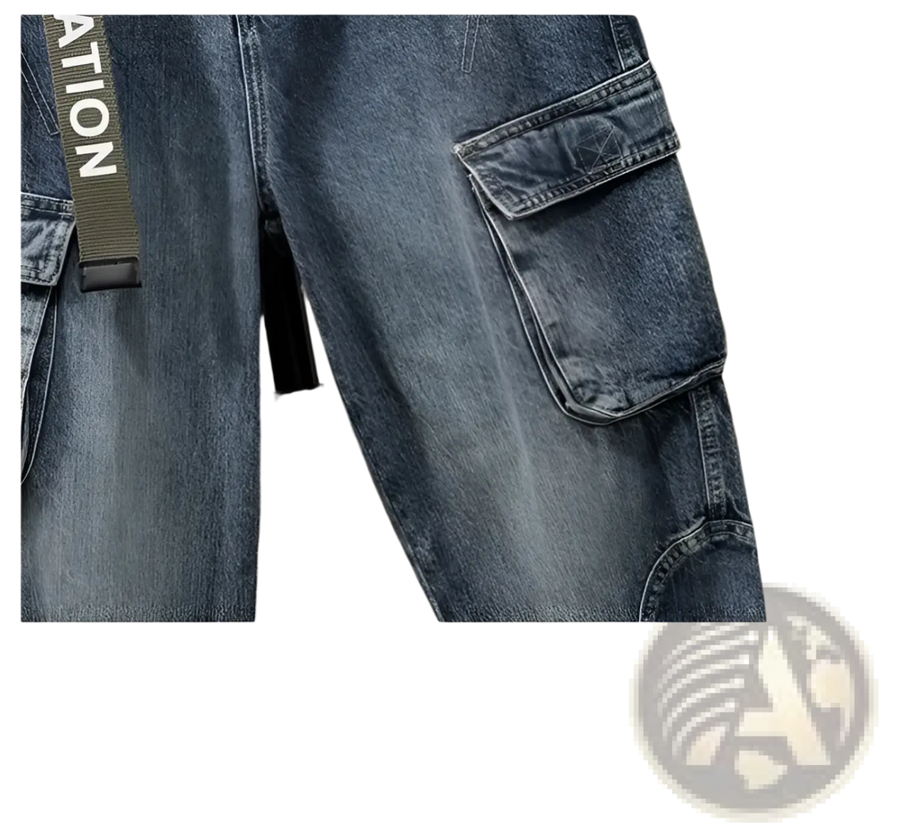 Men denim cargo jeans casual loose dark-wash denim pants with reinforced stitching and olive green belt strap visible