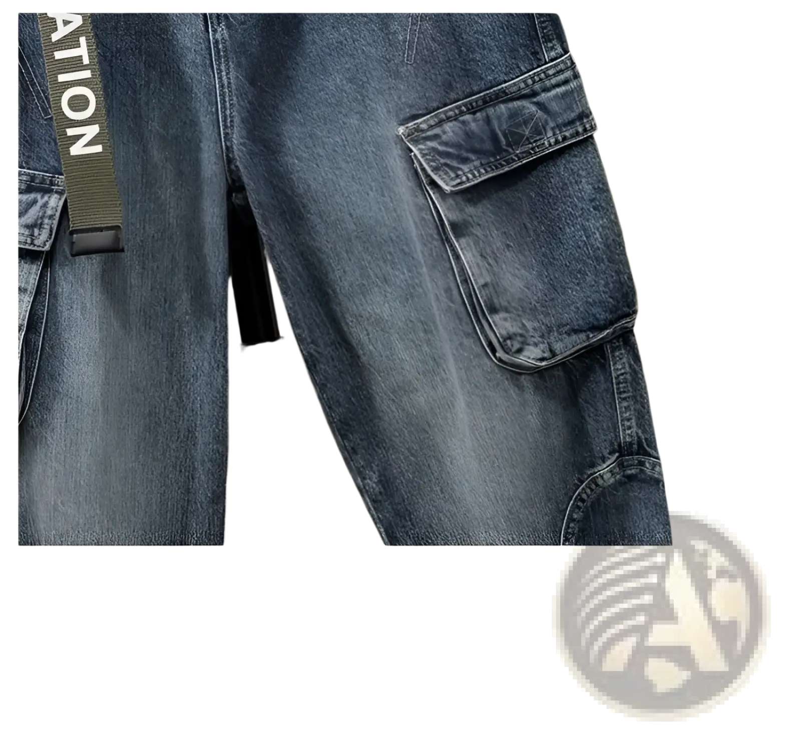 Men denim cargo jeans casual loose dark-wash denim pants with reinforced stitching and olive green belt strap visible
