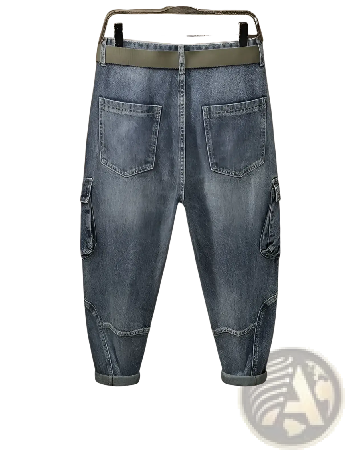 Men denim cargo jeans casual loose light-wash denim pants with olive green belt and rolled cuffs