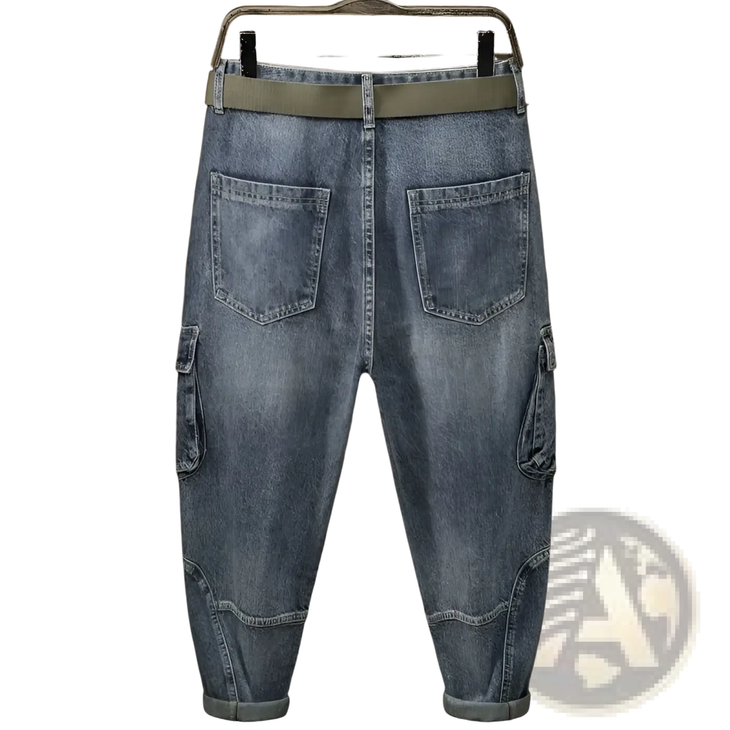 Men denim cargo jeans casual loose light-wash denim pants with olive green belt and rolled cuffs
