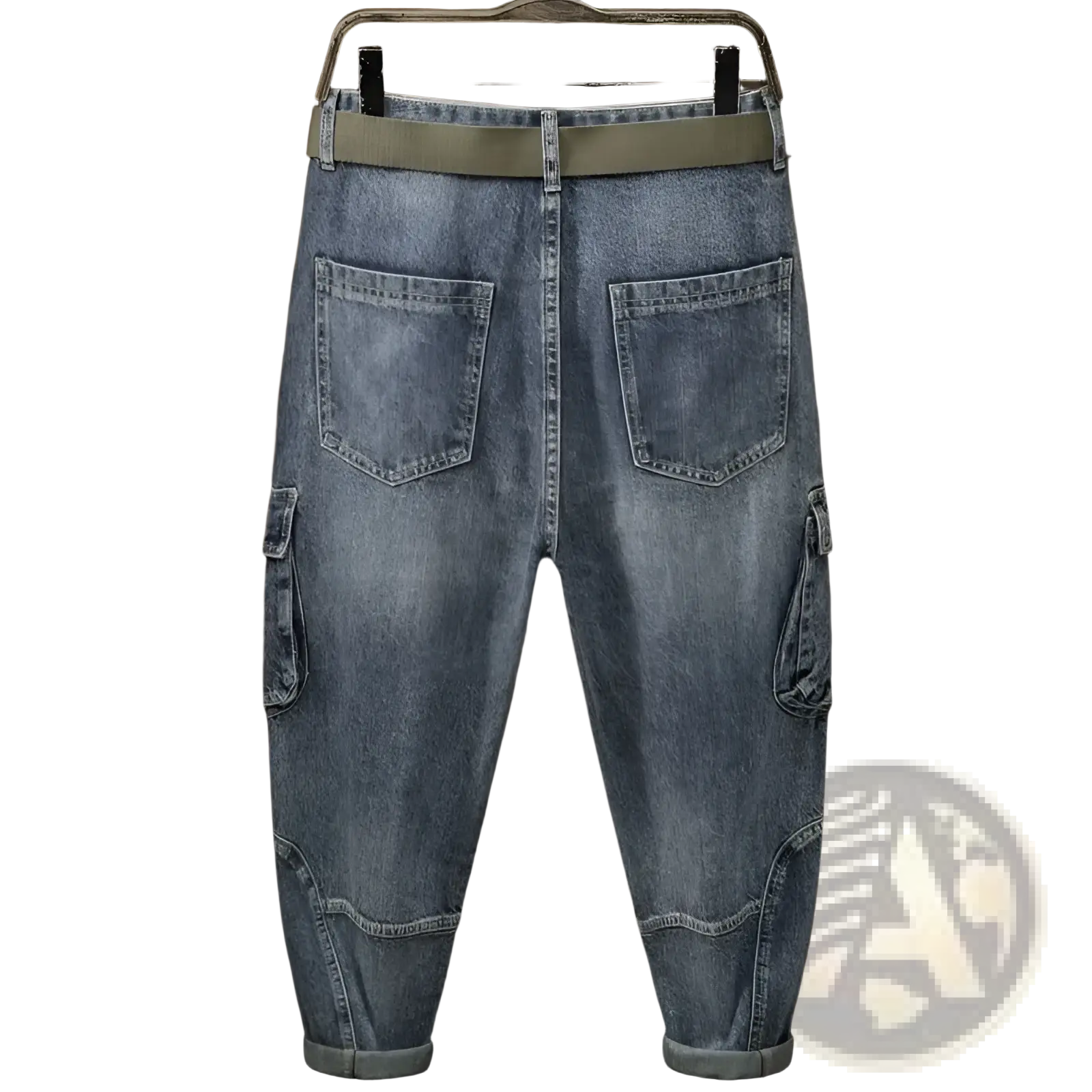 Men denim cargo jeans casual loose light-wash denim pants with olive green belt and rolled cuffs