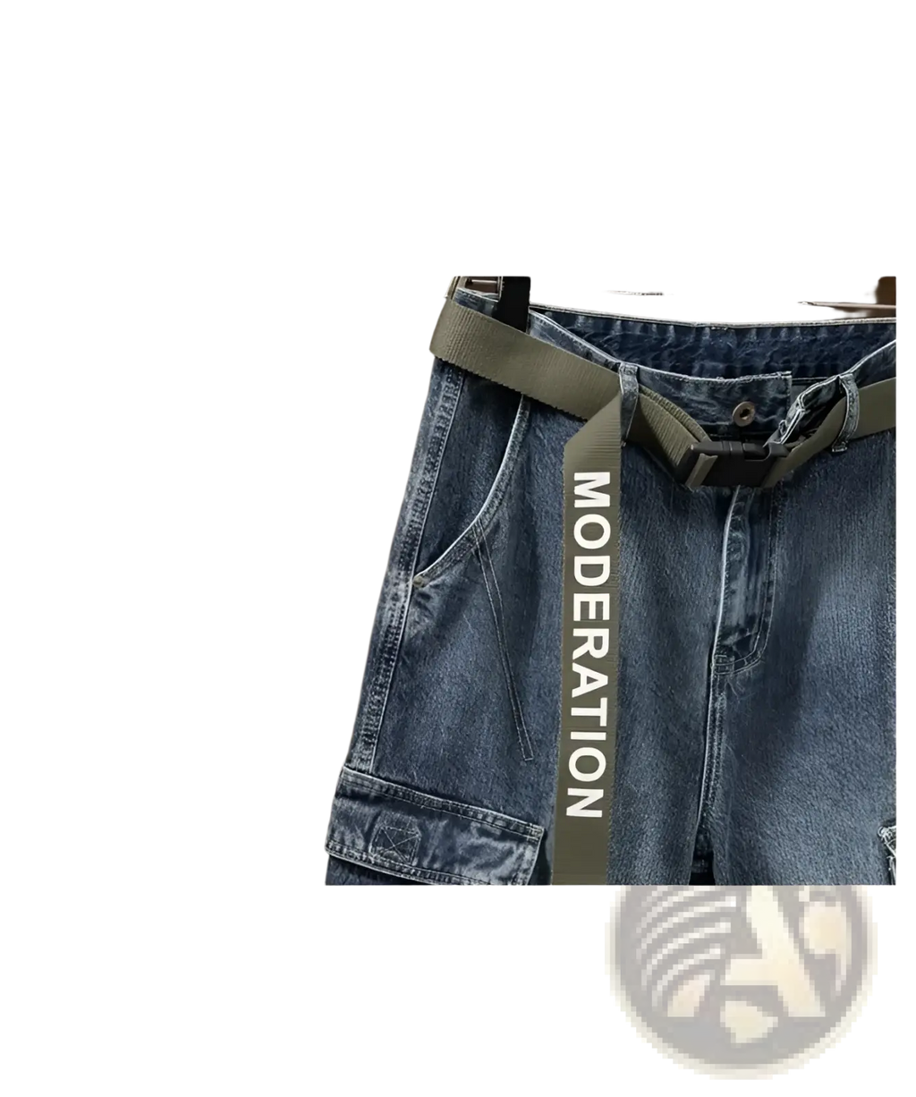 Men denim cargo jeans casual loose pants with an olive green belt featuring moderation print and sturdy buckle