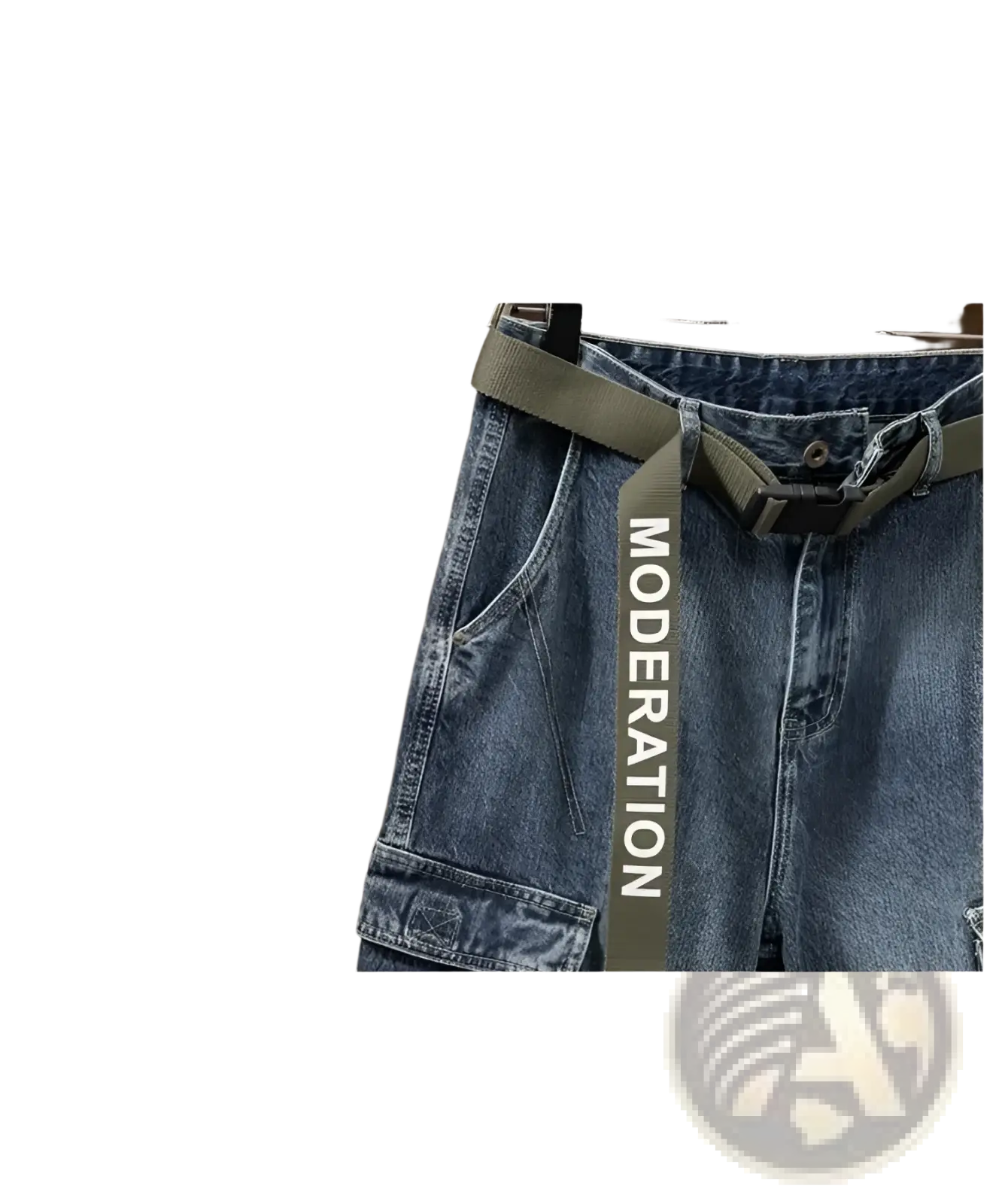 Men denim cargo jeans casual loose pants with an olive green belt featuring moderation print and sturdy buckle