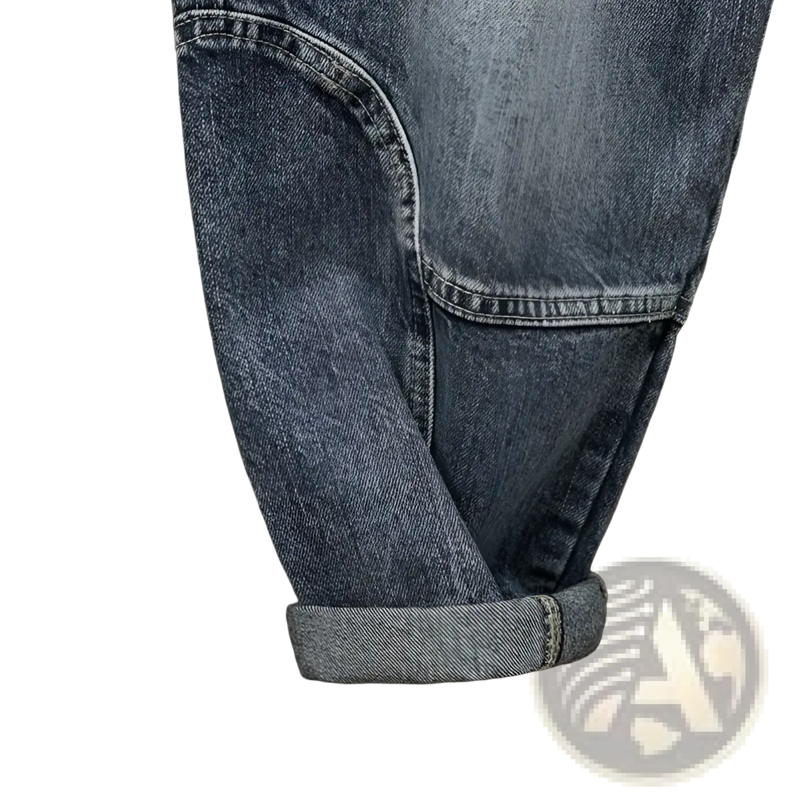 Men denim cargo jeans in dark wash with rolled cuffs and visible stitching details for casual loose wear