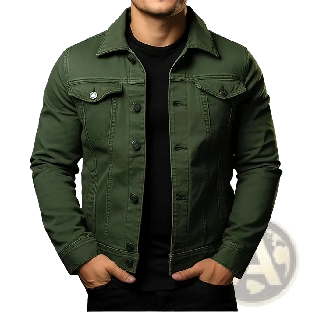 Olive green men denim jacket with cotton fabric classic button-front design and chest pockets utility coat