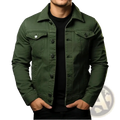 Olive green men denim jacket with cotton fabric classic button-front design and chest pockets utility coat