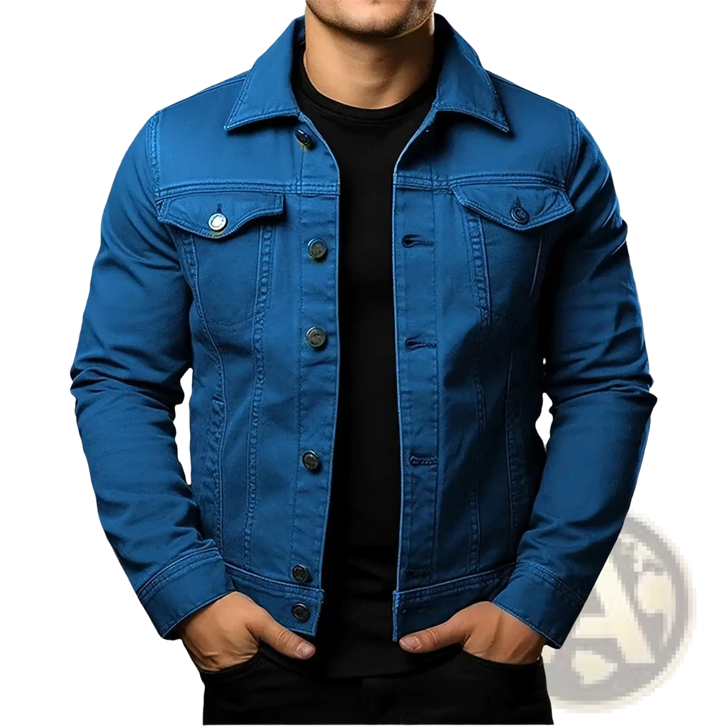 A vibrant royal blue men denim jacket with classic button closures chest pockets made of solid cotton for utility use