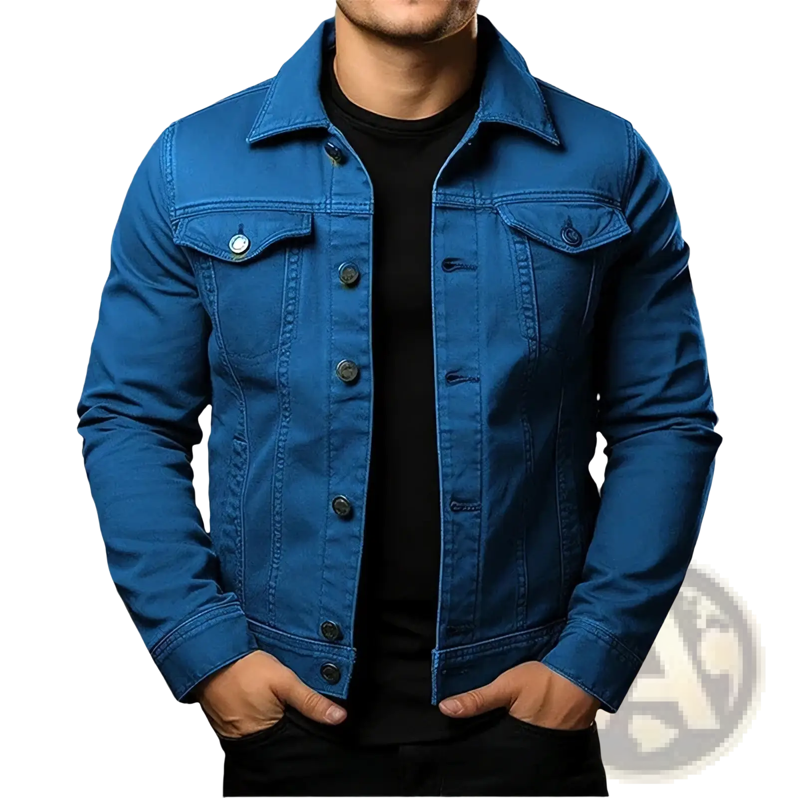 A vibrant royal blue men denim jacket with classic button closures chest pockets made of solid cotton for utility use