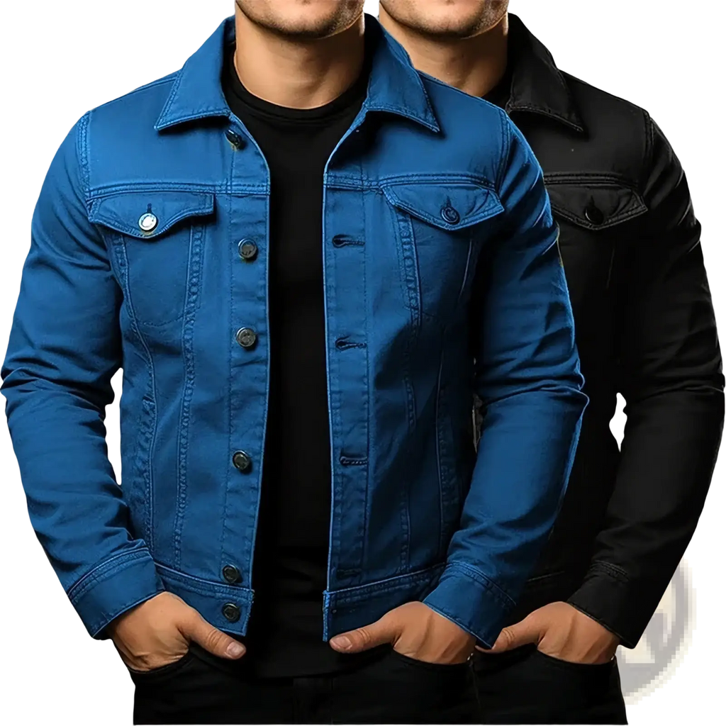 Men denim jacket solid color blue cotton with classic button-front design and chest pockets utility coat