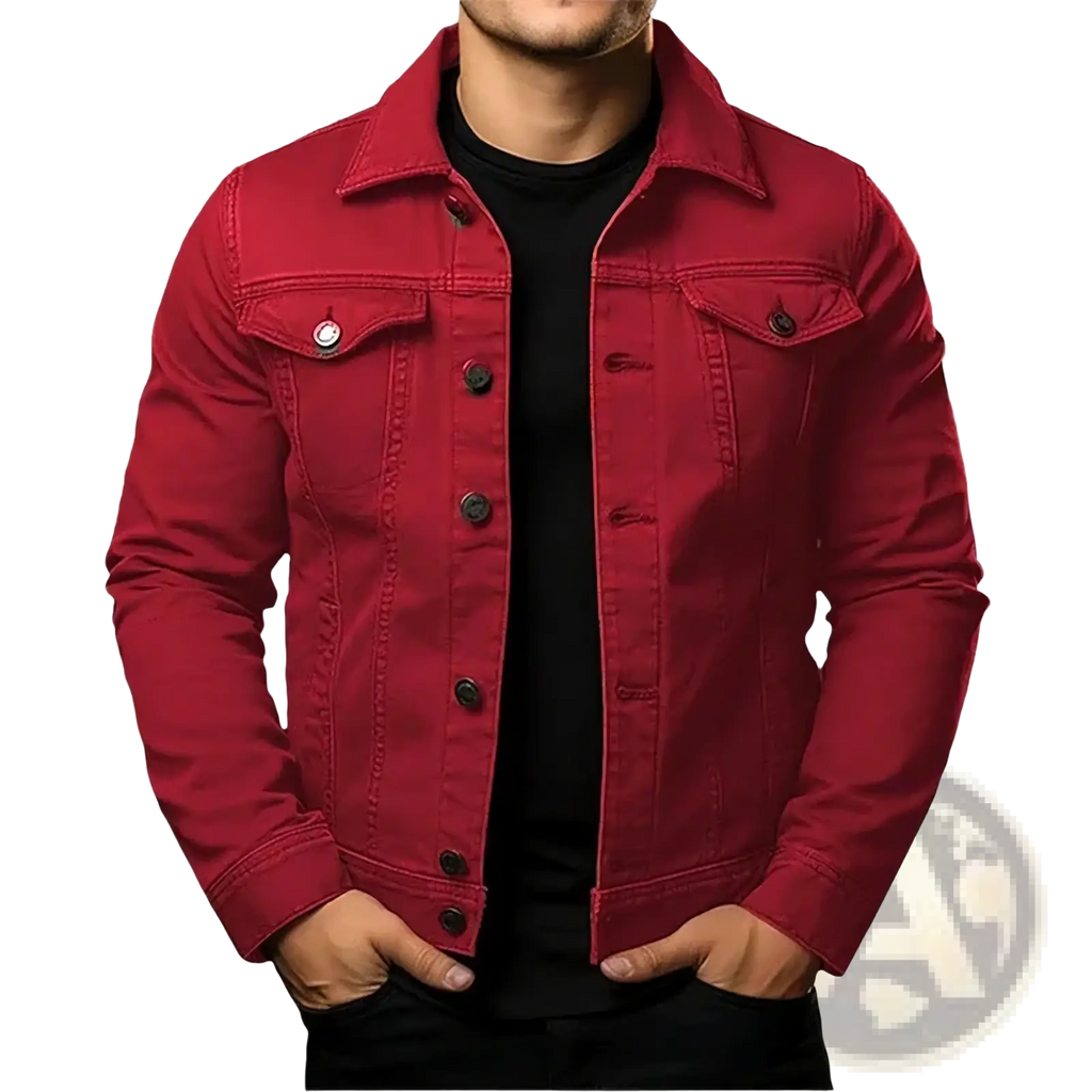 Men denim jacket solid color cotton utility coat in red with black buttons and flap pockets