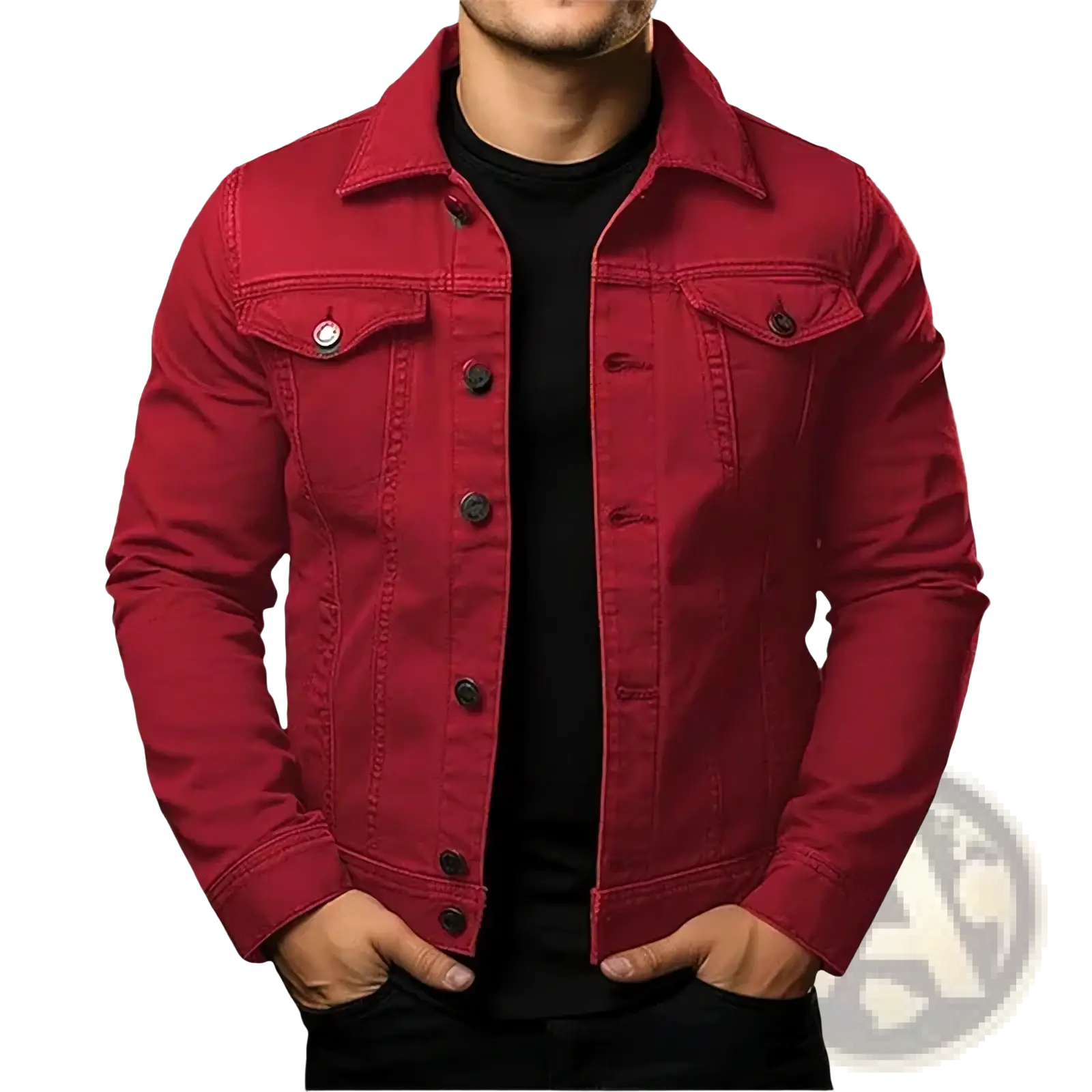 Men denim jacket solid color cotton utility coat in red with black buttons and flap pockets