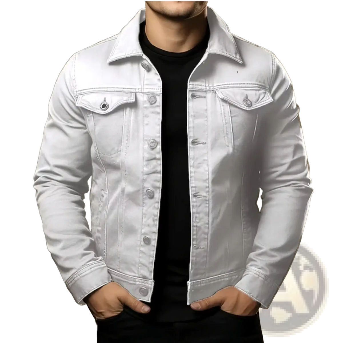 Men denim jacket solid color cotton utility coat in white denim with classic button front design and chest pockets