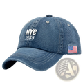 Men denim nyc baseball cap in blue with white embroidered nyc 1985 text and an american flag patch on the side