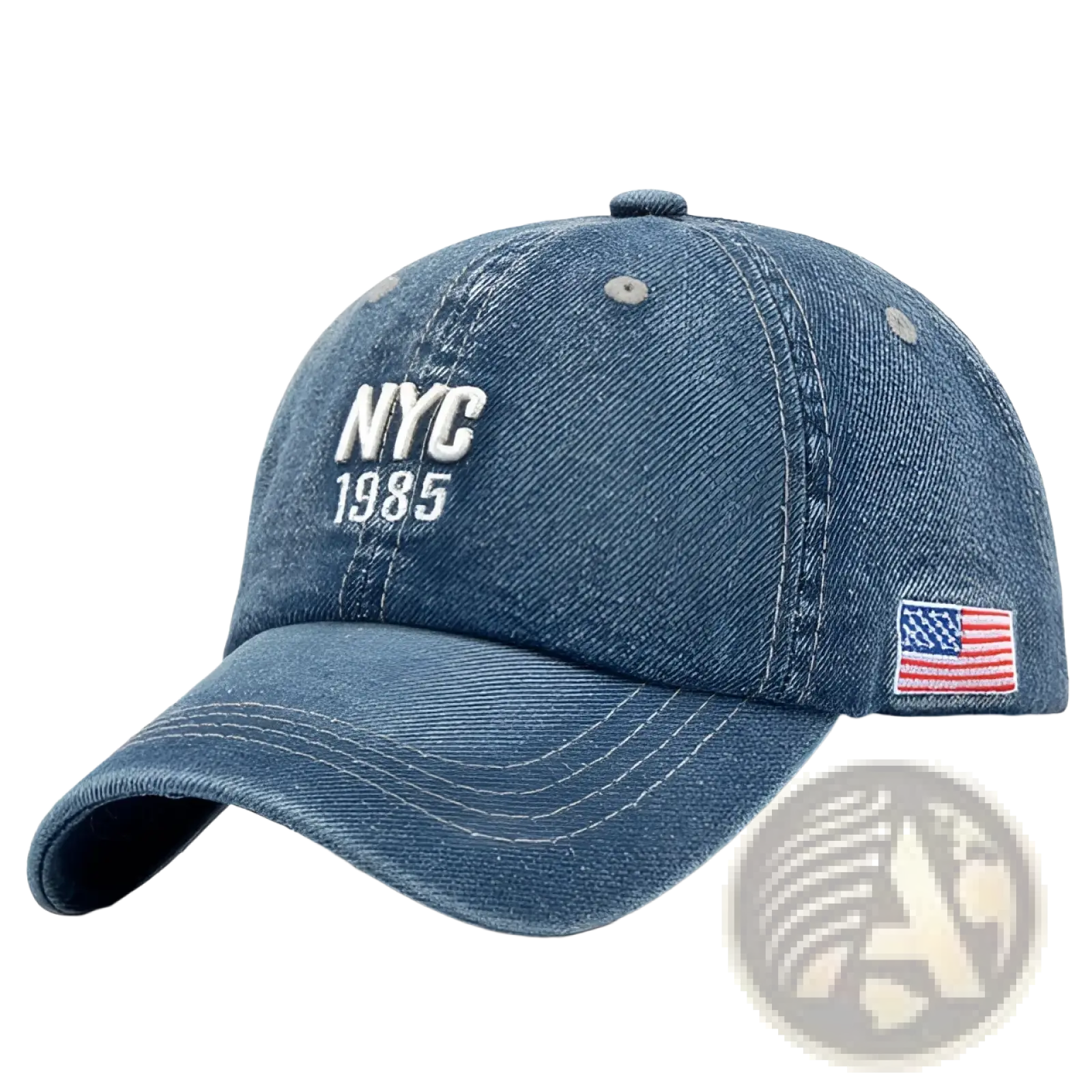 Men denim nyc baseball cap in blue with white embroidered nyc 1985 text and an american flag patch on the side