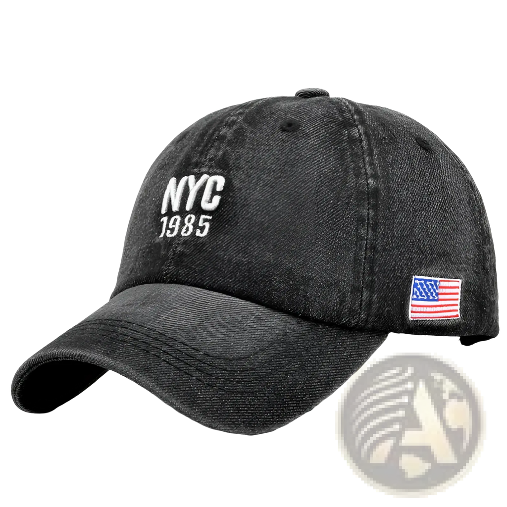 Black denim men nyc baseball cap with white embroidered nyc 1985 text and american flag patch on the side