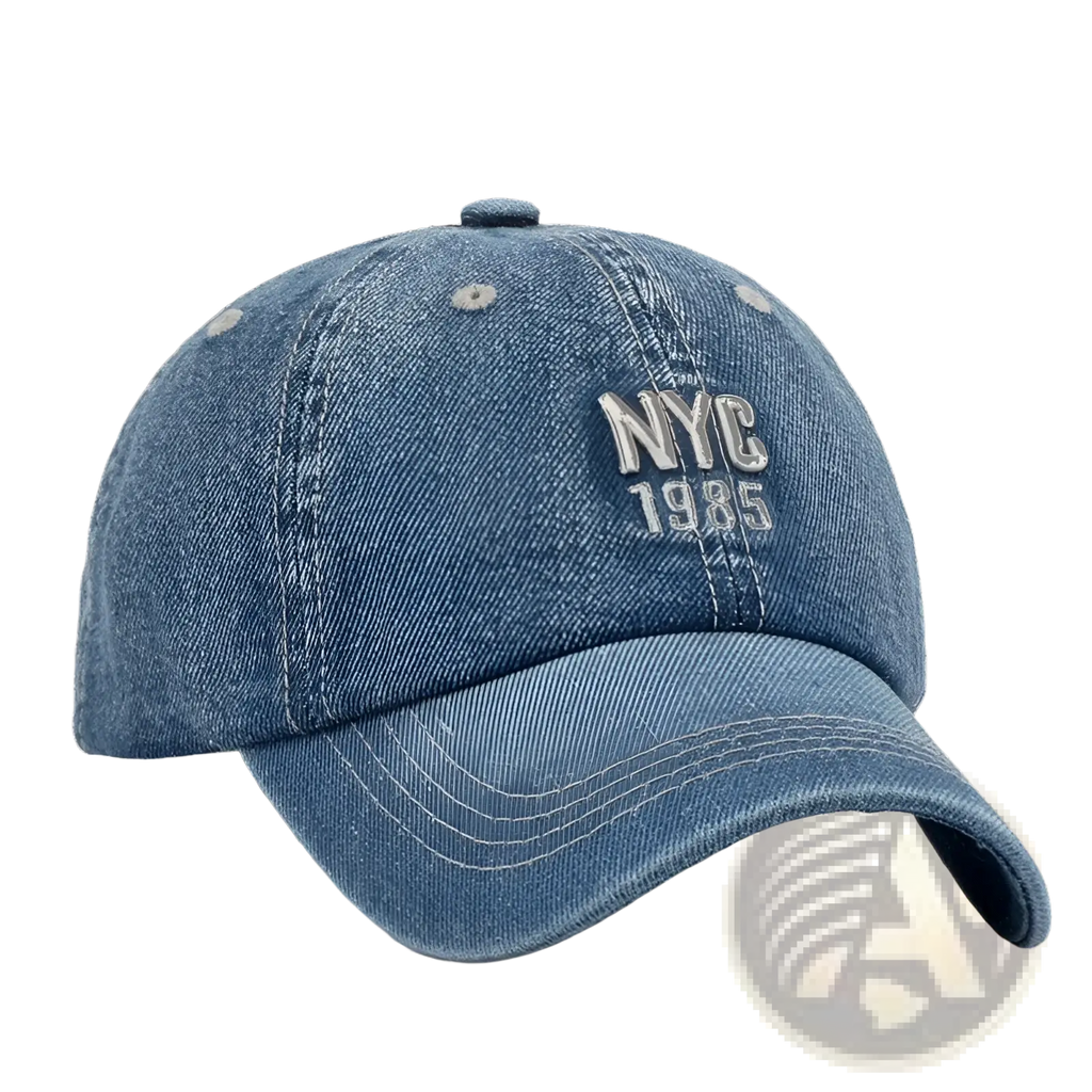 Men denim nyc baseball cap in blue with nyc 1985 embroidered in white thread on the front panel