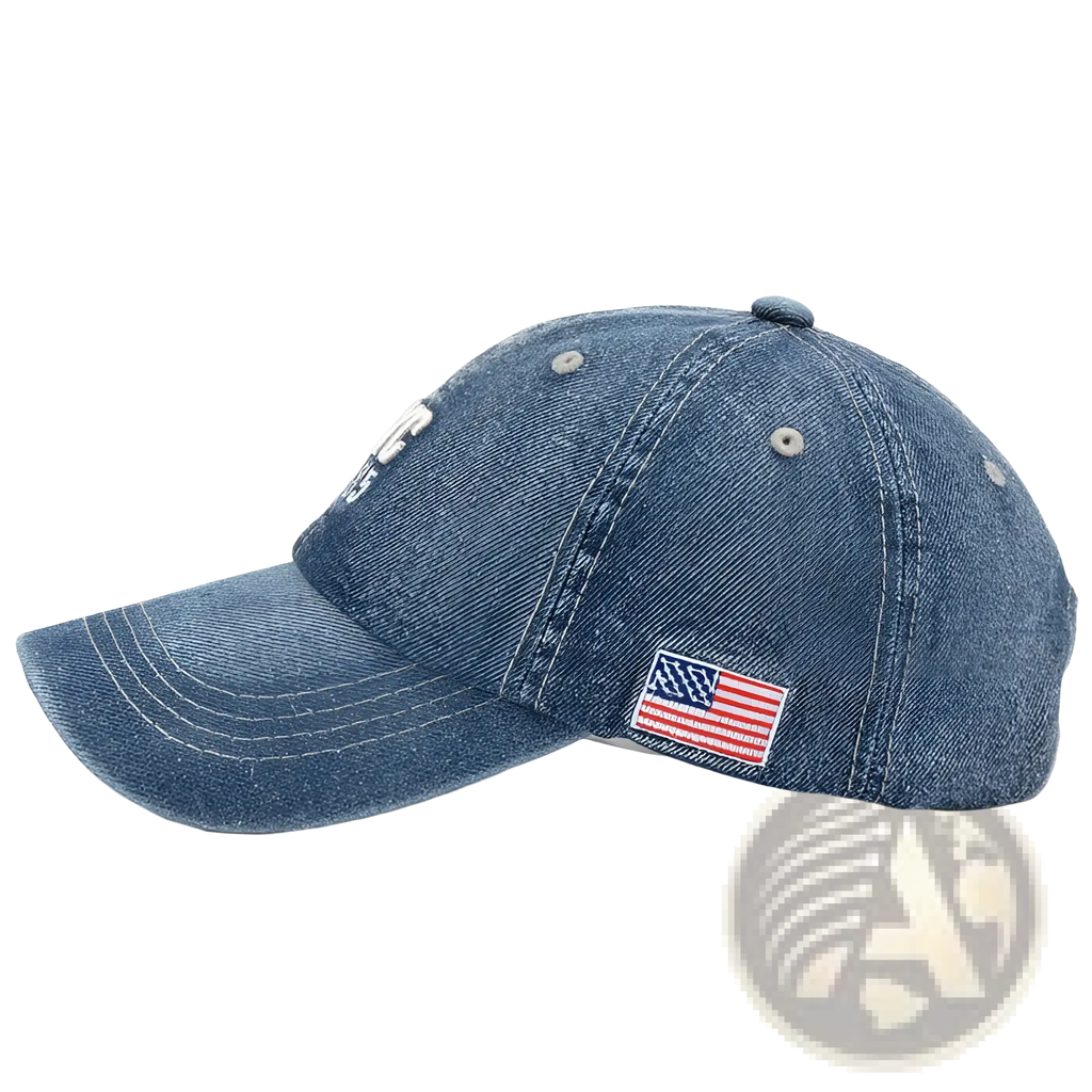 Men denim NYC baseball cap in blue with a small American flag patch on the side made of durable denim material