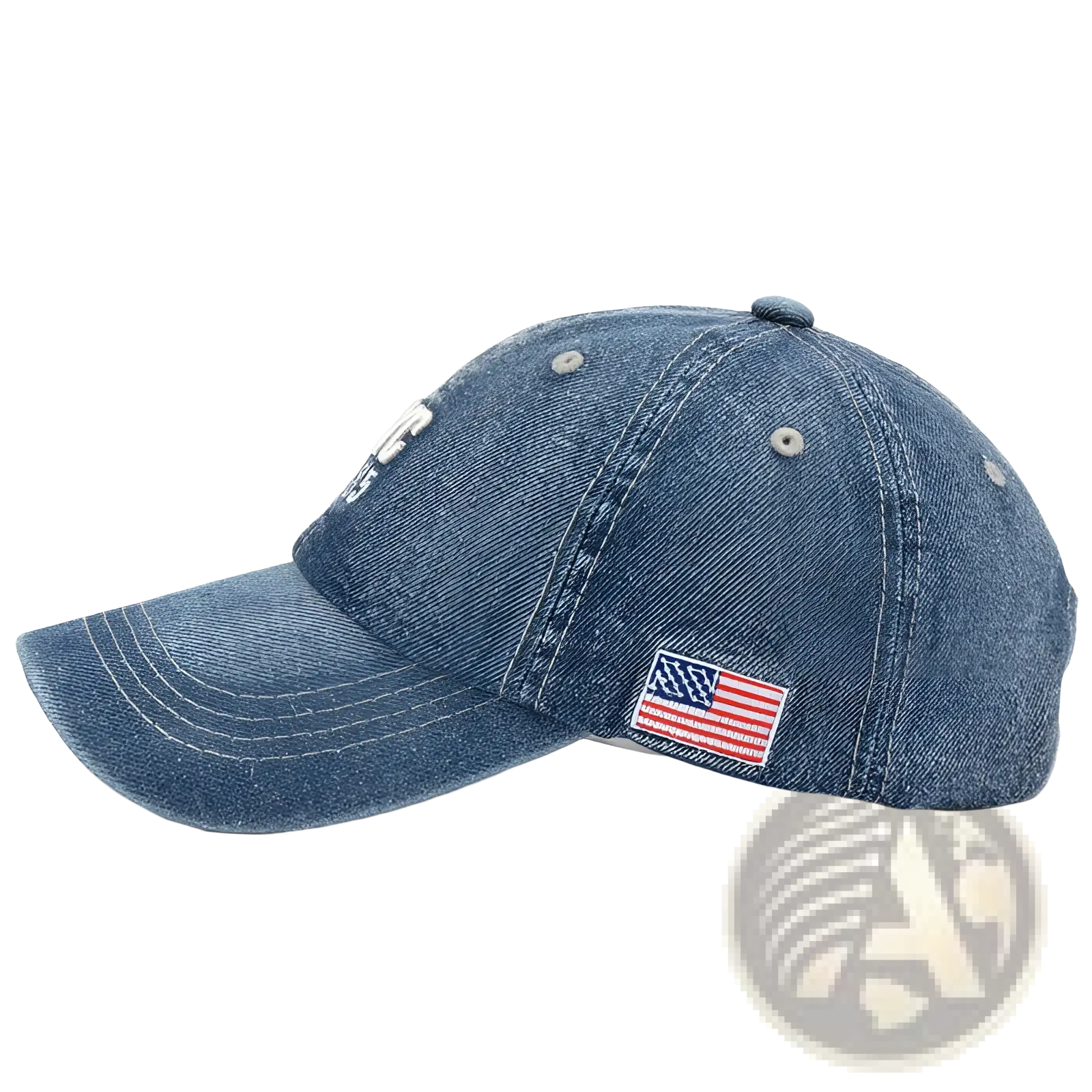 Men denim NYC baseball cap in blue with a small American flag patch on the side made of durable denim material