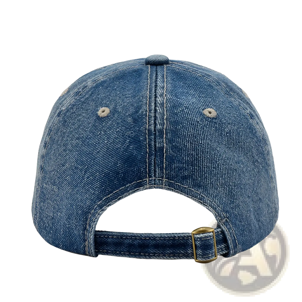 Men denim nyc baseball cap in blue denim with gold-tone buckle and contrasting stitching shown from the back side