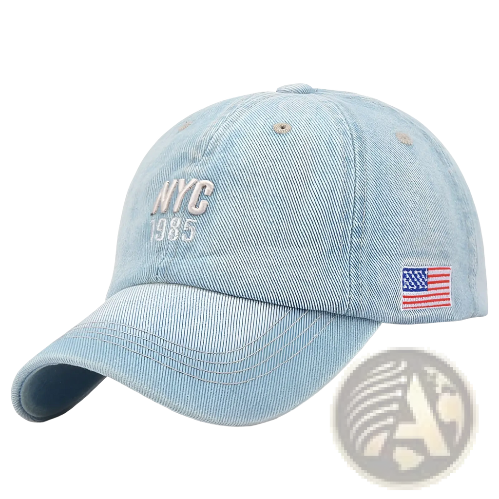 Men denim nyc baseball cap in light blue with white embroidery and small american flag patch on the side