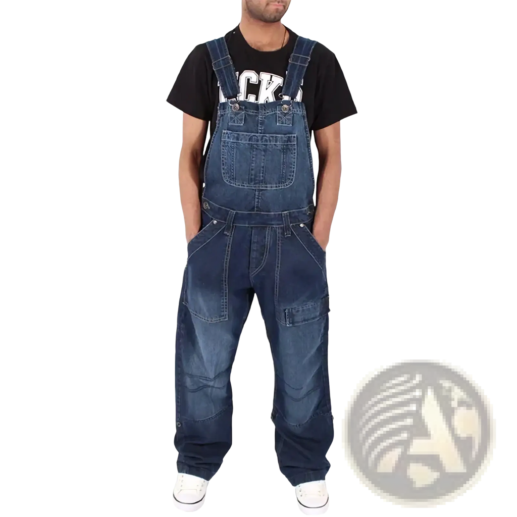 Men denim overalls in blue denim with multiple pockets and adjustable straps for a baggy fit