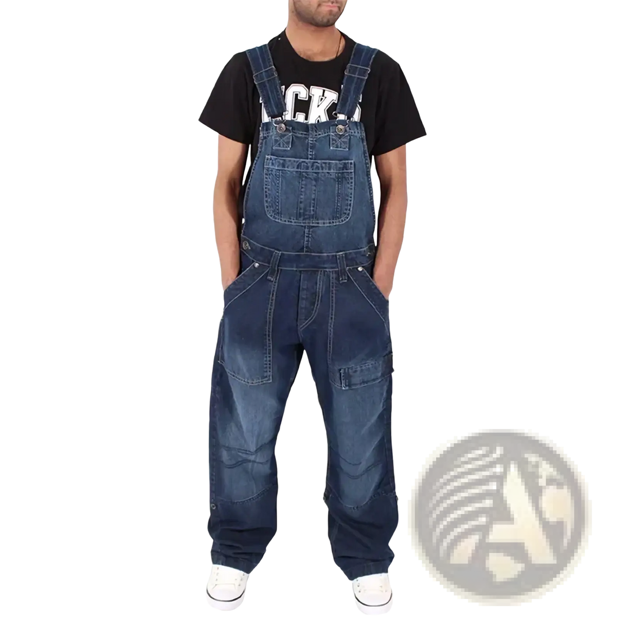 Men denim overalls in blue denim with multiple pockets and adjustable straps for a baggy fit