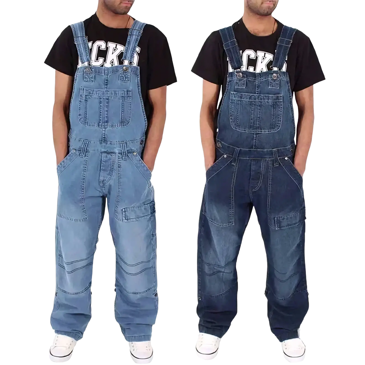Men denim overalls in blue denim with baggy fit, multiple pockets, and adjustable straps for versatile wear