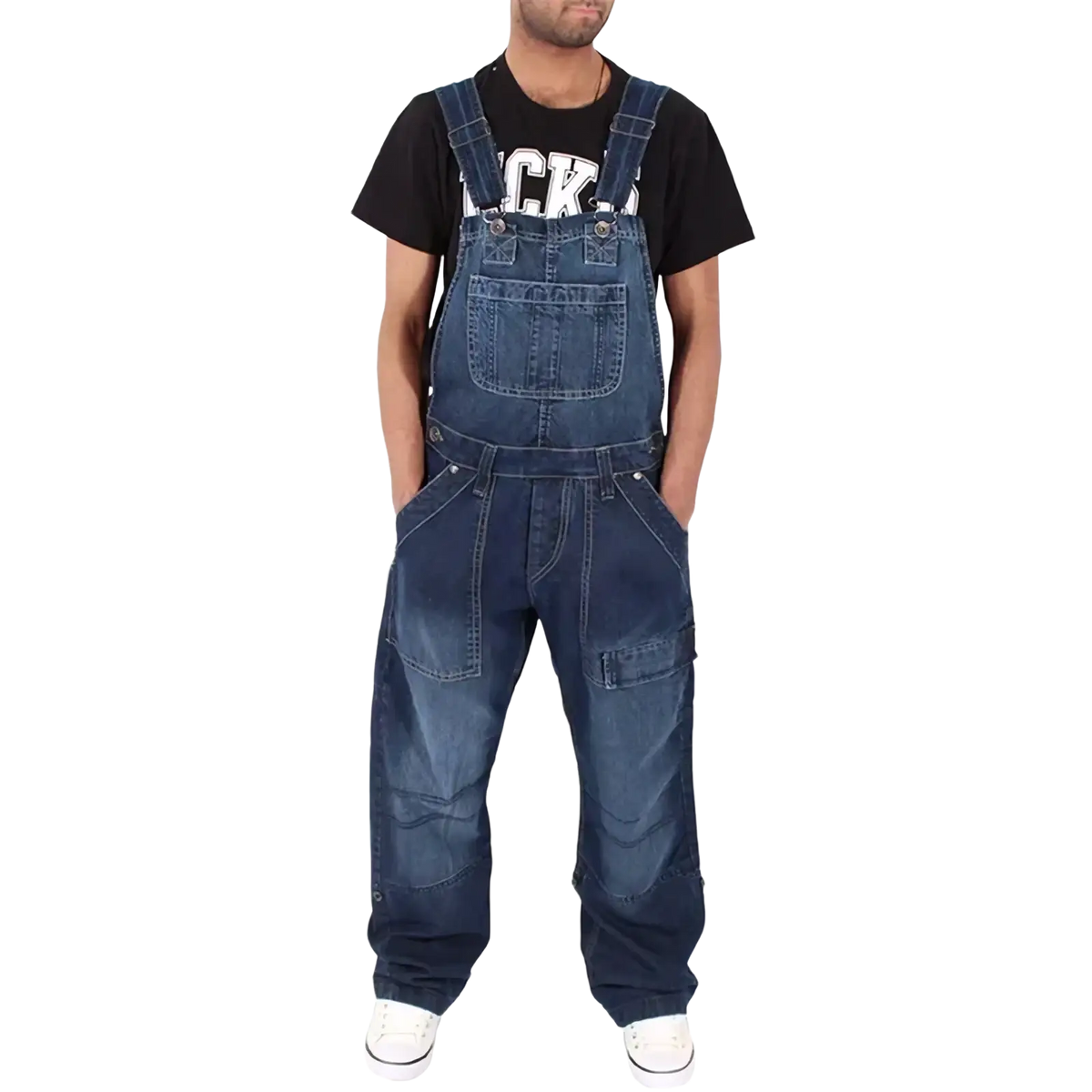 Men denim overalls in blue denim with multiple pockets and adjustable straps for a baggy fit