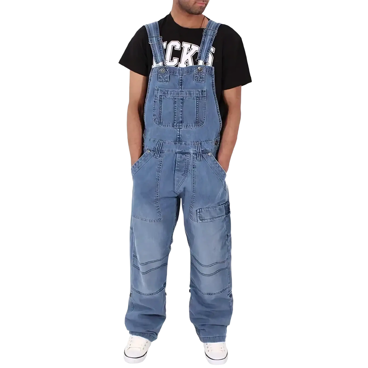 Men denim overalls baggy jeans in blue denim with multiple pockets and adjustable straps for versatile wear