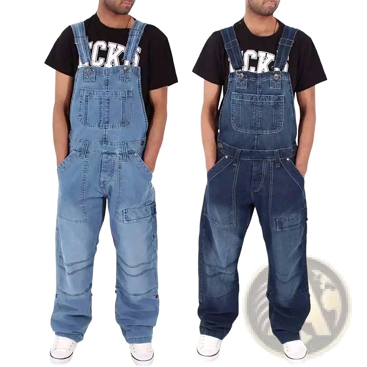 Men denim overalls baggy multi pocket jeans in blue denim with multiple pockets and adjustable straps for comfort