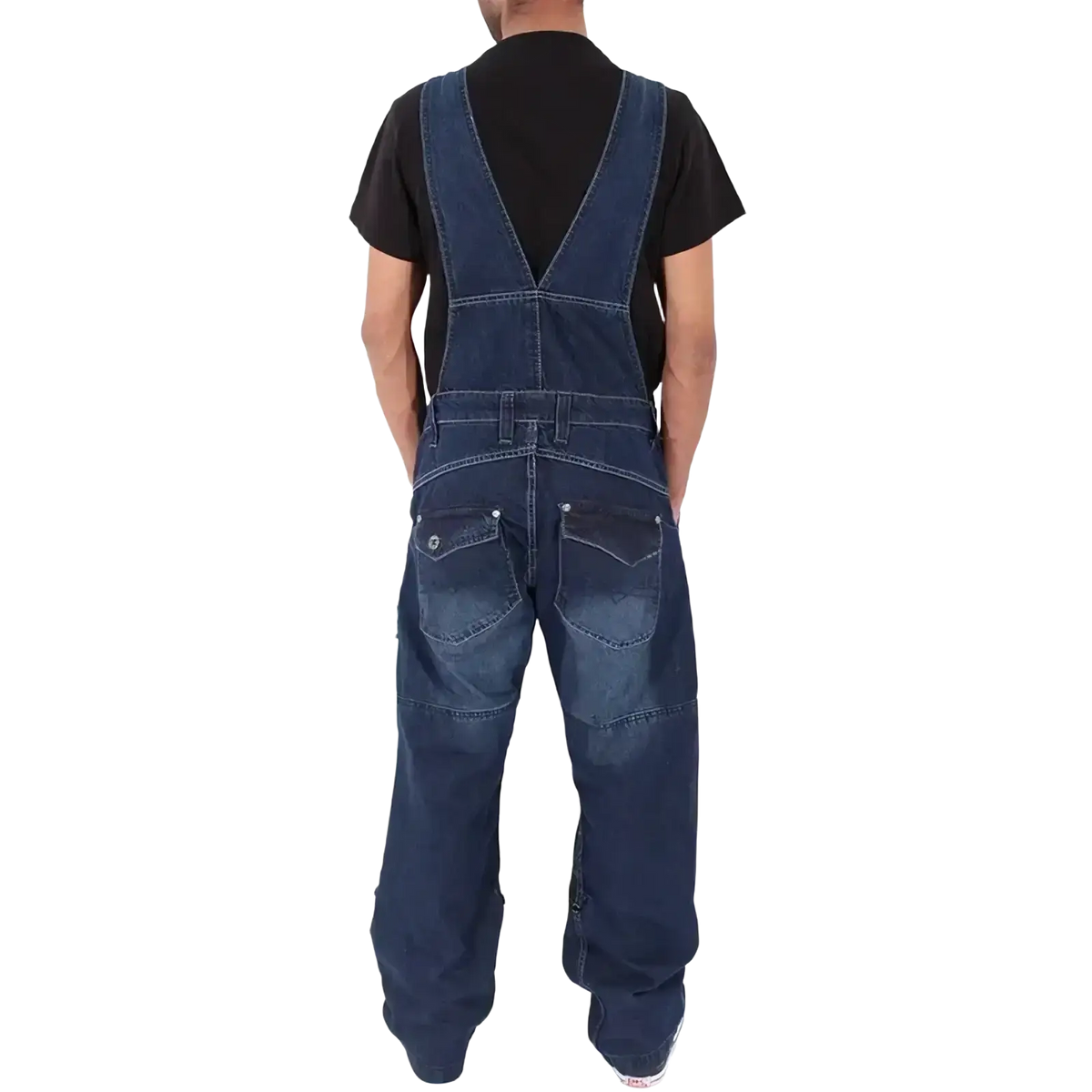 Dark blue men denim overalls with a classic design and back pockets shown from the back side