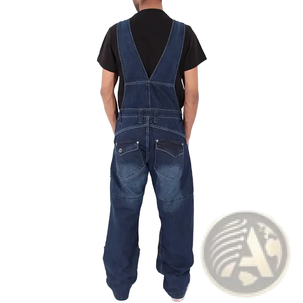 Men denim overalls baggy multi pocket jeans in dark blue denim with classic design and visible stitching