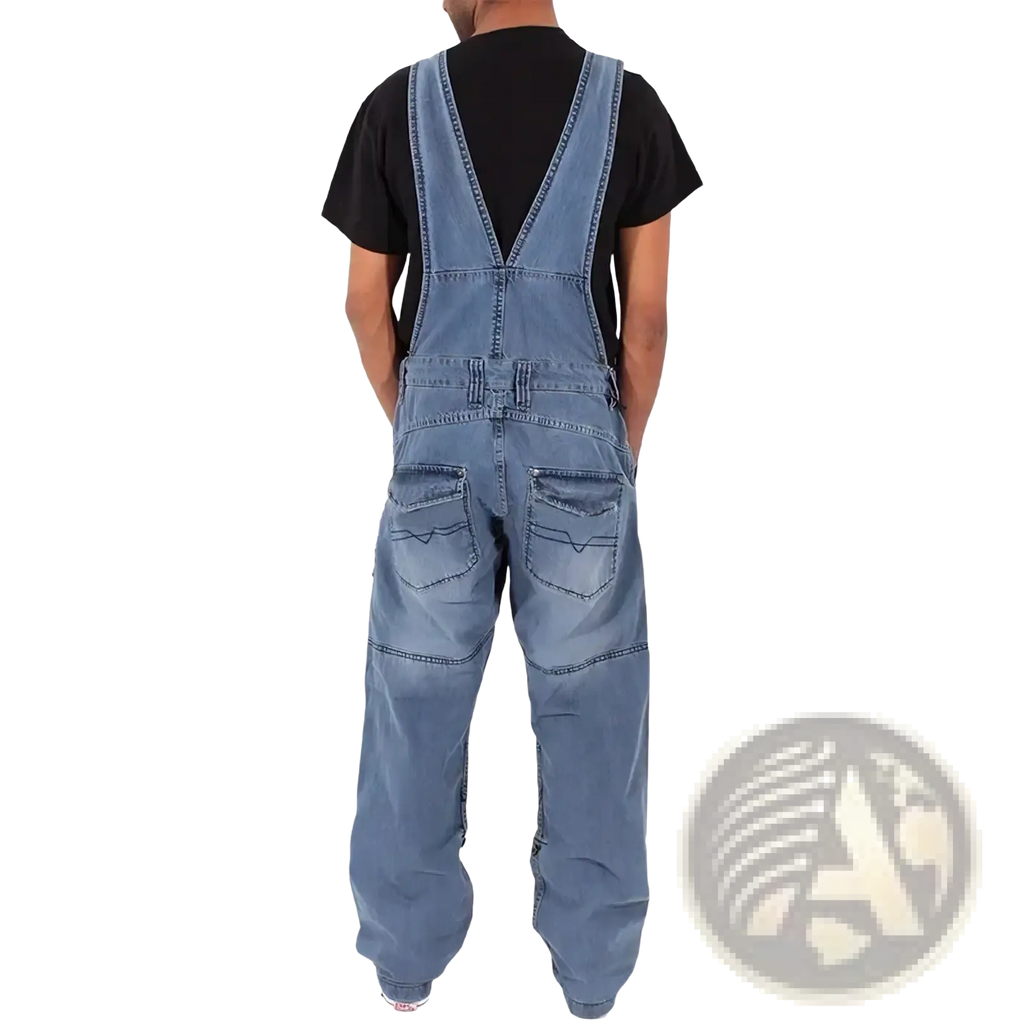 Men denim overalls light wash with classic v-back design and two front pockets in baggy multi pocket style