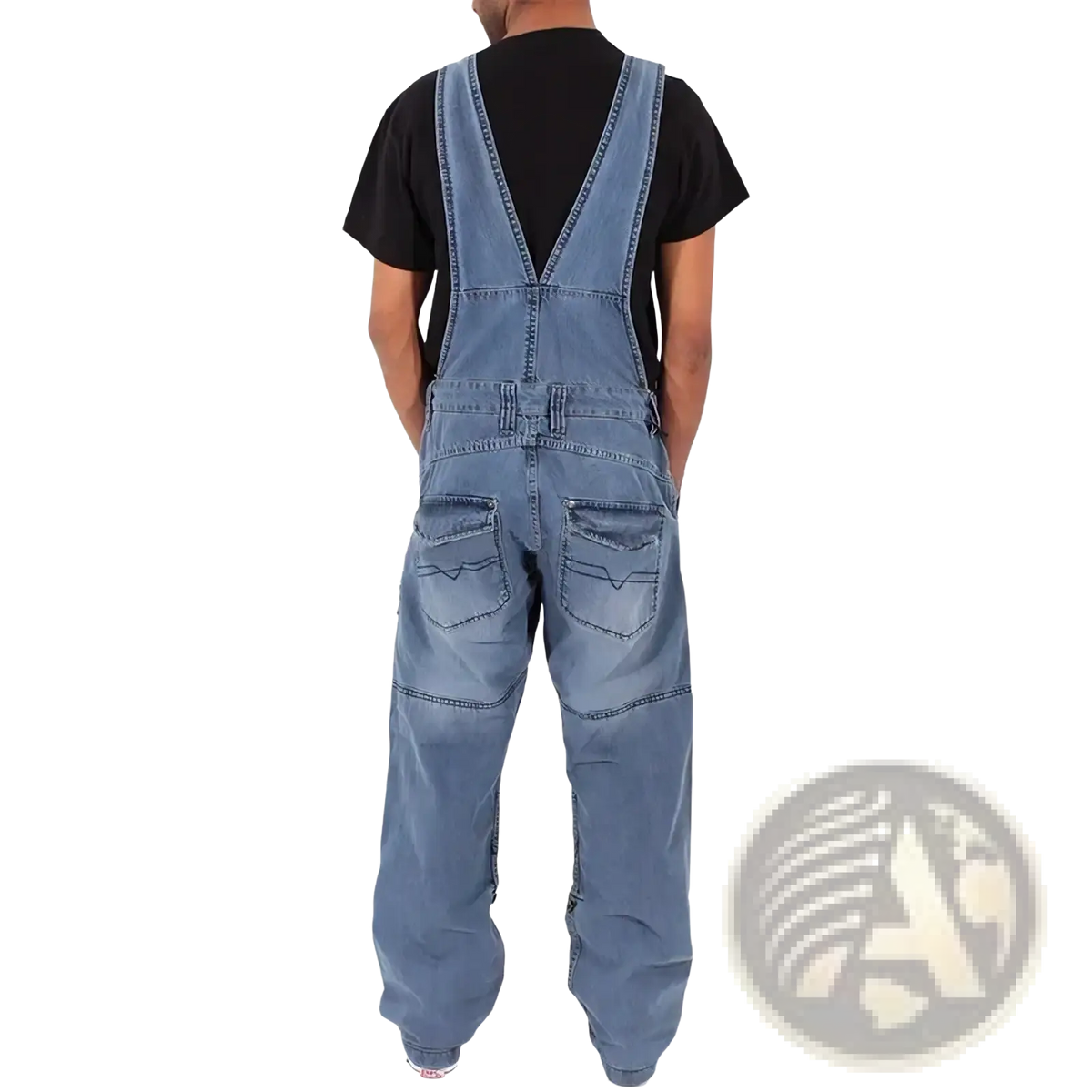Men denim overalls light wash with classic v-back design and two front pockets in baggy multi pocket style