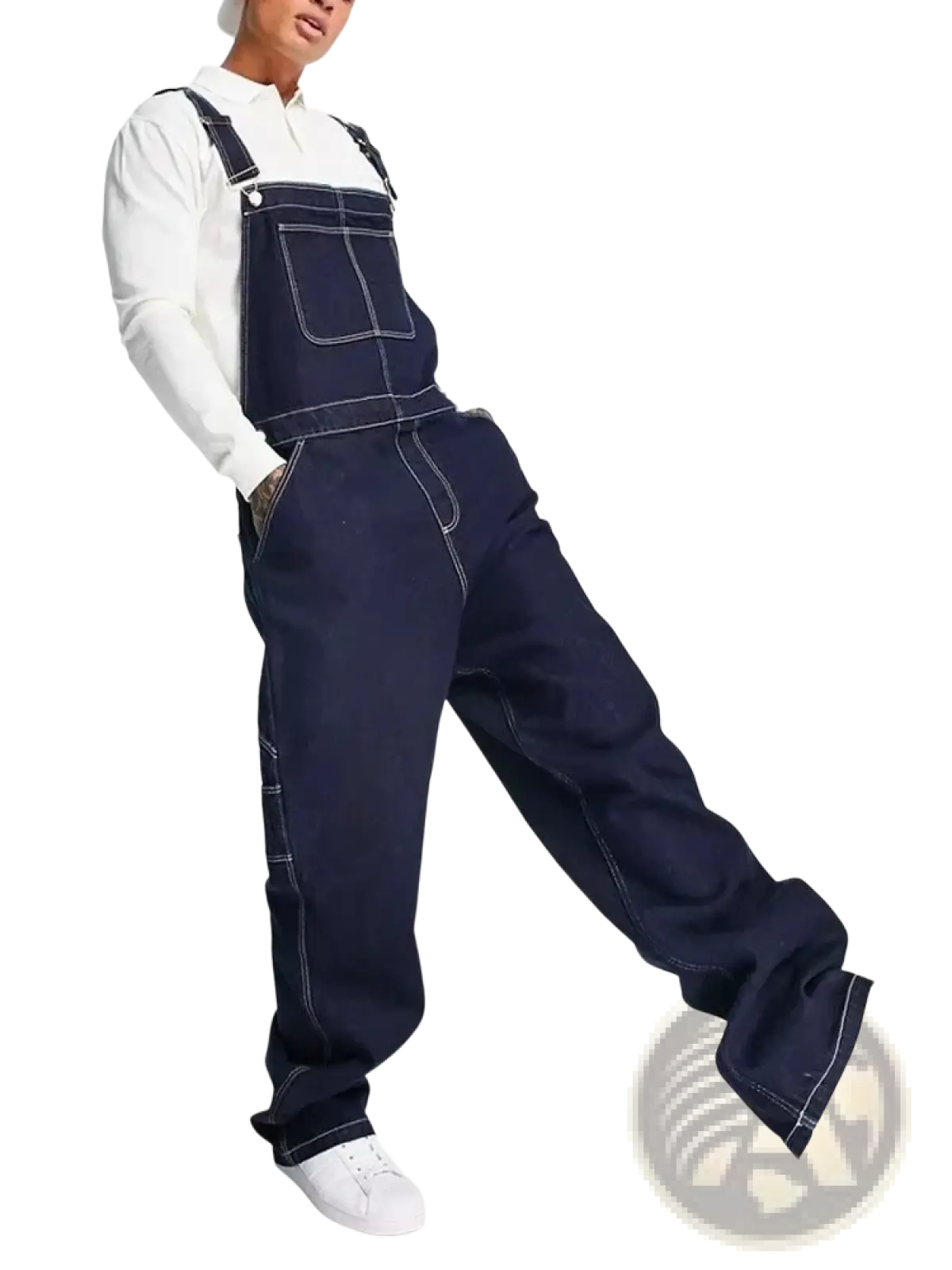 Men denim overalls in dark blue denim with white stitching and adjustable straps for loose casual wear